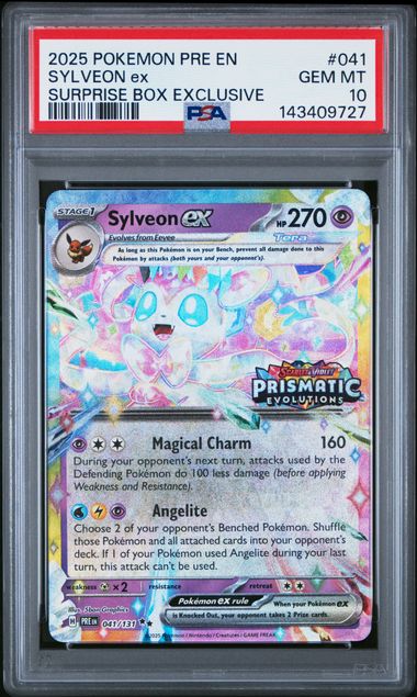 2025 POKEMON PRE EN-PRISMATIC EVOLUTIONS #041 SYLVEON ex SURPRISE BOX EXCLUSIVE PSA GEM MT 10